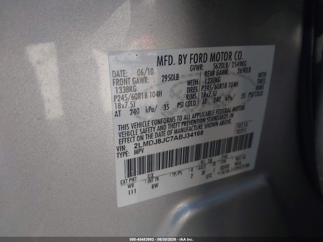 Aukcja sprzedaży 2010 Lincoln Mkx, vin: 2LMDJ8JC7ABJ34168, numer aukcji: 45483992
