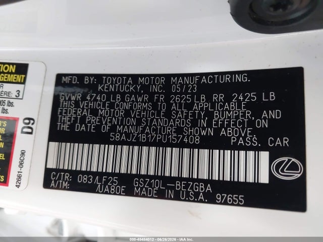 Aukcja sprzedaży 2023 Lexus Es 350 F Sport Handling, vin: 58AJZ1B17PU157408, numer aukcji: 45484012