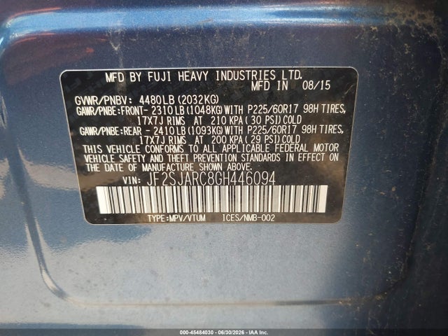 Продаж на аукціоні авто 2016 Subaru Forester 2.5i Limited, vin: JF2SJARC8GH446094, номер лоту: 45484030