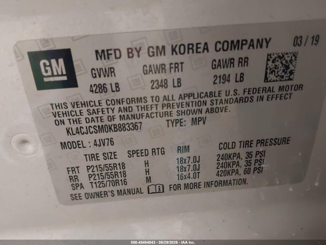 Aukcja sprzedaży 2019 Buick Encore Fwd Essence, vin: KL4CJCSM0KB883367, numer aukcji: 45484043