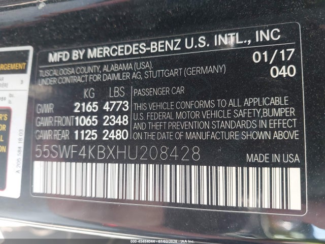 Aukcja sprzedaży 2017 Mercedes-benz C 300 Luxury 4matic, vin: 55SWF4KBXHU208428, numer aukcji: 45484044