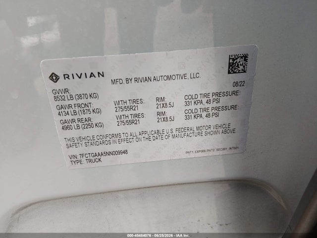 Rivian R1t Adventure 2022 7FCTGAAA5NN009948 Image 9