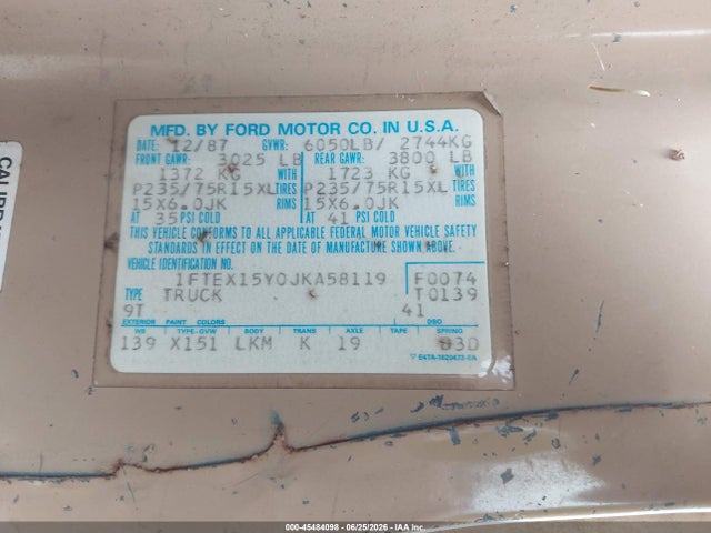 Aukcja sprzedaży 1988 Ford F150, vin: 1FTEX15Y0JKA58119, numer aukcji: 45484098