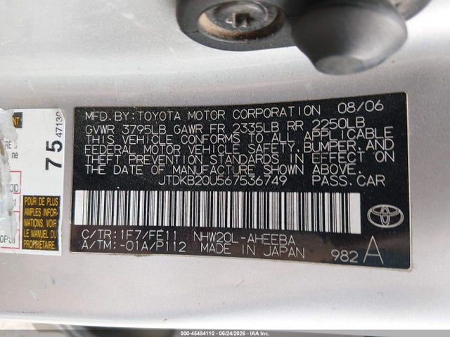 45484110 :رقم المزاد ، JTDKB20U567536749 vin ، 2006 Toyota Prius مزاد بيع