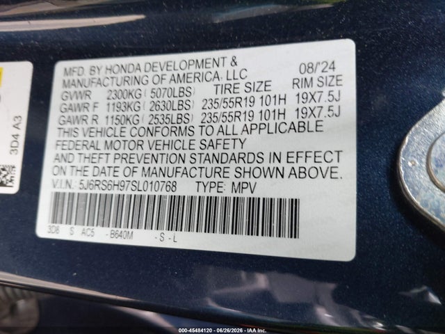 2025 Honda Cr-v Hybrid Sport Touring მანქანა იყიდება აუქციონზე, vin: 5J6RS6H97SL010768, აუქციონის ნომერი: 45484120