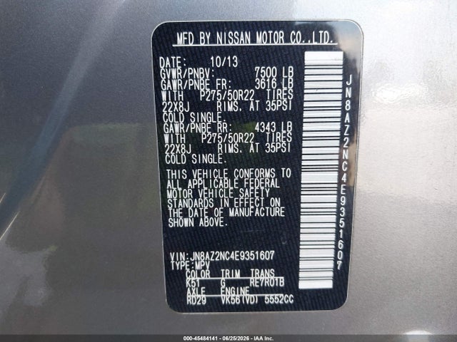 45484141 :رقم المزاد ، JN8AZ2NC4E9351607 vin ، 2014 Infiniti Qx80 مزاد بيع
