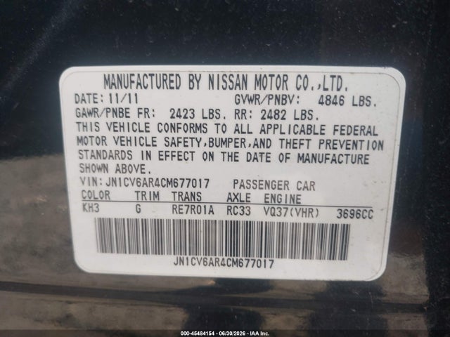 Aukcja sprzedaży 2012 Infiniti G37x, vin: JN1CV6AR4CM677017, numer aukcji: 45484154