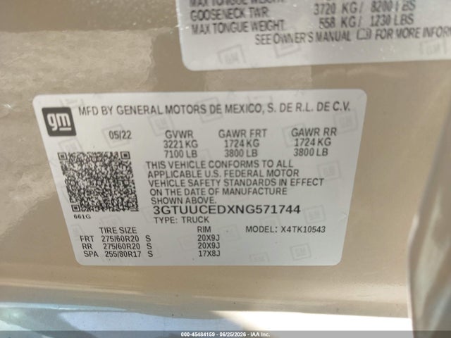 45484159 :رقم المزاد ، 3GTUUCEDXNG571744 vin ، 2022 Gmc Sierra 1500 4wd  Short Box Elevation مزاد بيع