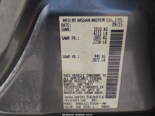Nissan Altima 2.5 S 2015 1N4AL3AP3FC569656 Image 9