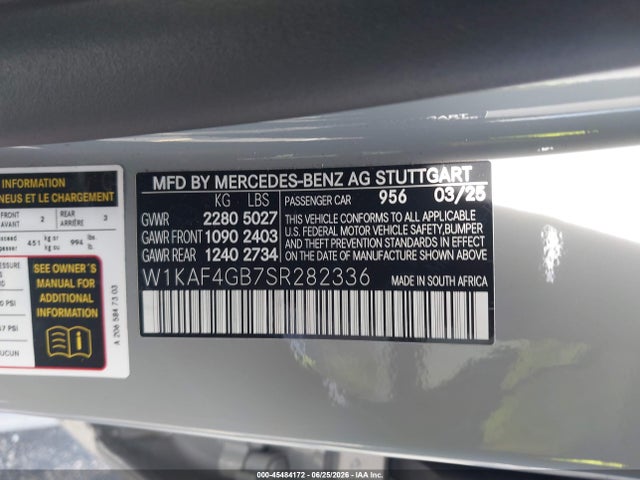 Продажа на аукционе авто 2025 Mercedes-benz C 300, vin: W1KAF4GB7SR282336, номер лота: 45484172