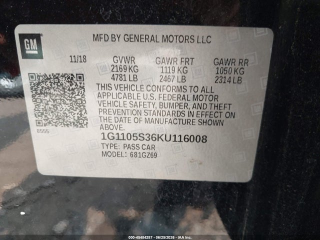 Aukcja sprzedaży 2019 Chevrolet Impala Premier, vin: 1G1105S36KU116008, numer aukcji: 45484287