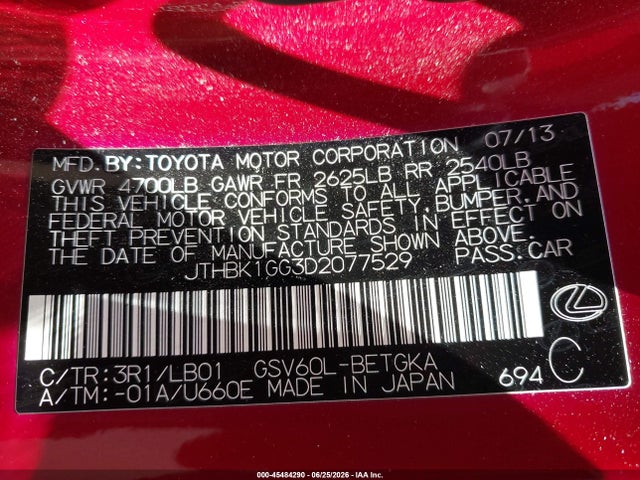 45484290 :رقم المزاد ، JTHBK1GG3D2077529 vin ، 2013 Lexus Es 350 مزاد بيع
