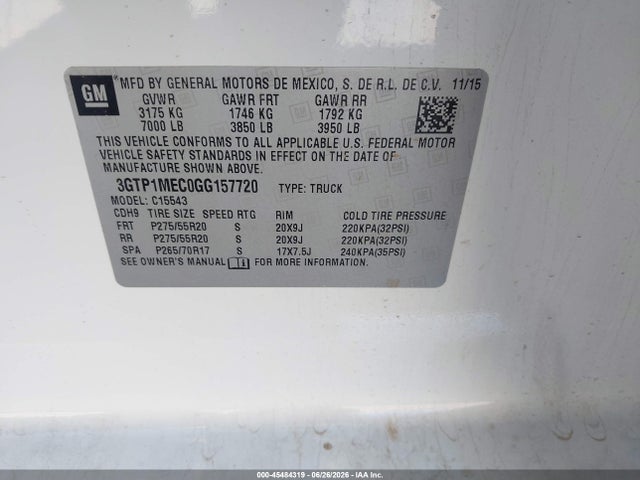 2016 Gmc Sierra 1500 Sle მანქანა იყიდება აუქციონზე, vin: 3GTP1MEC0GG157720, აუქციონის ნომერი: 45484319