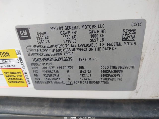 Продаж на аукціоні авто 2014 Gmc Acadia Slt-1, vin: 1GKKVRKD5EJ330639, номер лоту: 45484324