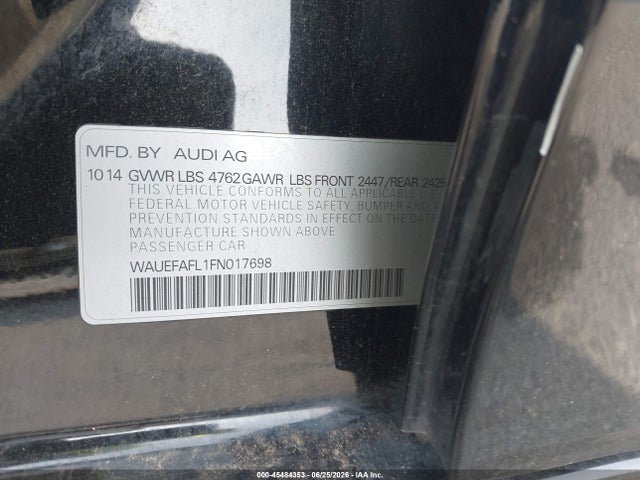 45484353 :رقم المزاد ، WAUEFAFL1FN017698 vin ، 2015 Audi A4 2.0t Premium مزاد بيع