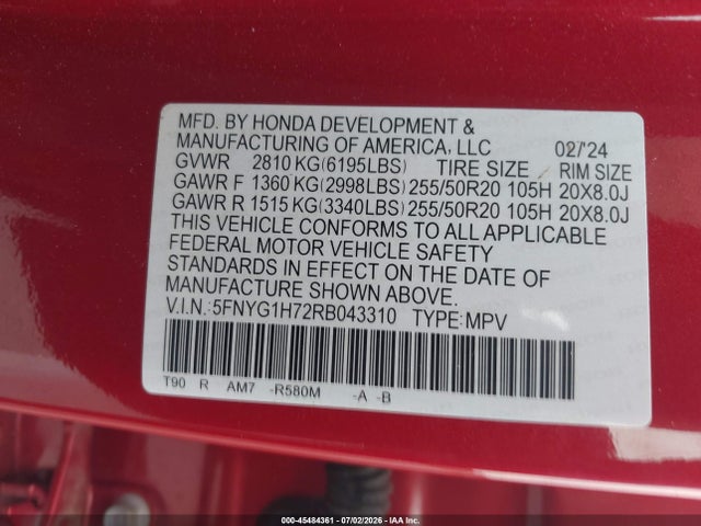 45484361 :رقم المزاد ، 5FNYG1H72RB043310 vin ، 2024 Honda Pilot Touring مزاد بيع
