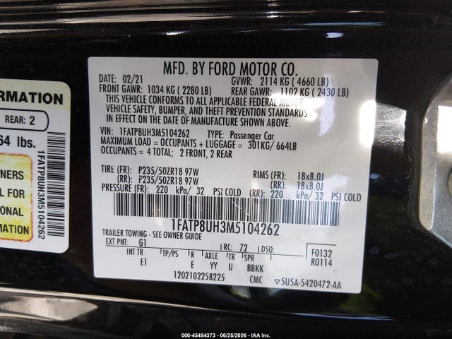 1FATP8UH3M5104262 Ford Mustang Ecoboost /ecoboost Premium