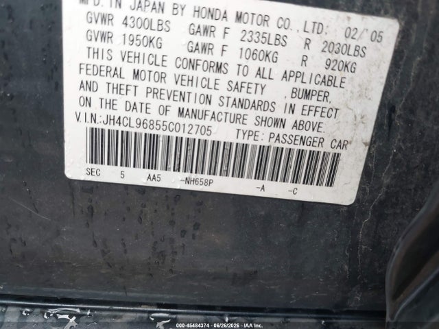 45484374 :رقم المزاد ، JH4CL96855C012705 vin ، 2005 Acura Tsx مزاد بيع