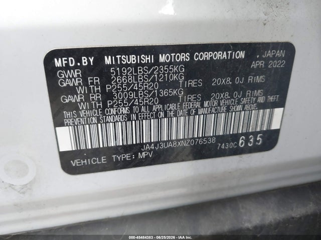 Auction sale of the 2022 Mitsubishi Outlander Black Edition 2wd/se 2.5 2wd/se Launch Edition 2wd, vin: JA4J3UA8XNZ076538, lot number: 45484383