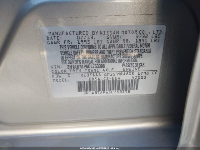 Продаж на аукціоні авто 2013 Nissan Sentra S, vin: 3N1AB7AP6DL753398, номер лоту: 45484388