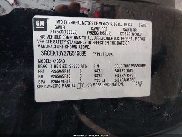 Aukcja sprzedaży 2007 Chevrolet Silverado 1500 Ltz, vin: 3GCEK13Y27G515899, numer aukcji: 45484428