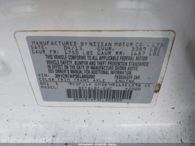Aukcja sprzedaży 2014 Nissan Versa 1.6 Sv, vin: 3N1CN7AP3EL805202, numer aukcji: 45484453