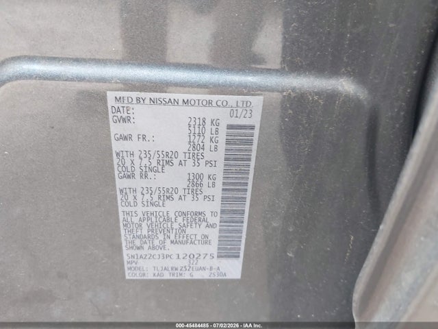 2023 Nissan Murano Sl Fwd მანქანა იყიდება აუქციონზე, vin: 5N1AZ2CJ3PC120275, აუქციონის ნომერი: 45484485