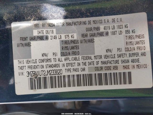 Aukcja sprzedaży 2018 Mazda Mazda3 Sport, vin: 3MZBN1U72JM233820, numer aukcji: 45484490