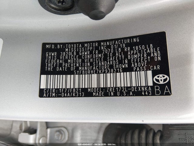 Продажа на аукционе авто 2019 Toyota Corolla Le, vin: 5YFBURHE7KP938216, номер лота: 45484537