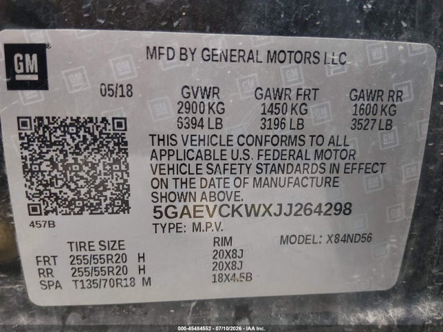 2018 Buick Enclave Avenir მანქანა იყიდება აუქციონზე, vin: 5GAEVCKWXJJ264298, აუქციონის ნომერი: 45484552