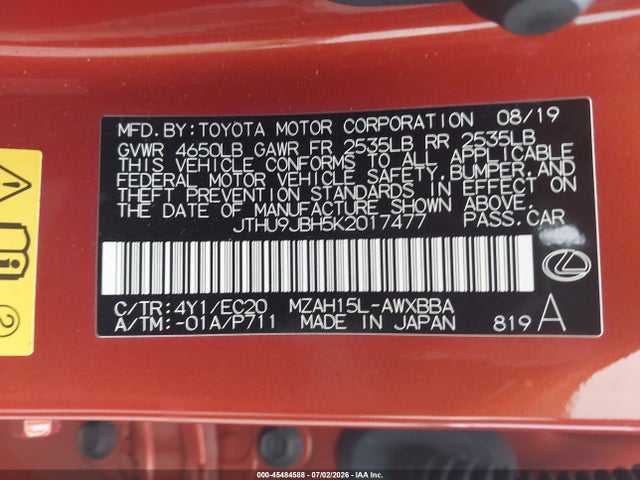 Продаж на аукціоні авто 2019 Lexus Ux 250h, vin: JTHU9JBH5K2017477, номер лоту: 45484588