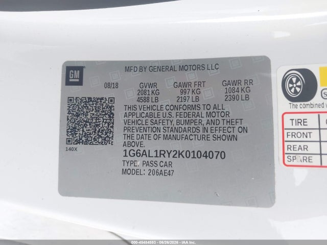 45484593 :رقم المزاد ، 1G6AL1RY2K0104070 vin ، 2019 Cadillac Ats-v مزاد بيع