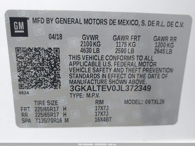 Продаж на аукціоні авто 2018 Gmc Terrain Sle, vin: 3GKALTEV0JL372349, номер лоту: 45484646