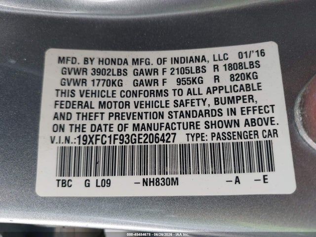 Продаж на аукціоні авто 2016 Honda Civic Touring, vin: 19XFC1F93GE206427, номер лоту: 45484678