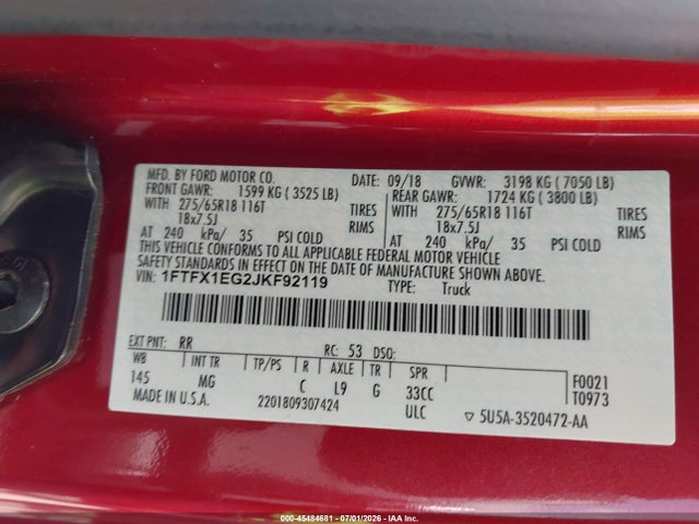 45484681 :رقم المزاد ، 1FTFX1EG2JKF92119 vin ، 2018 Ford F-150 Xlt مزاد بيع