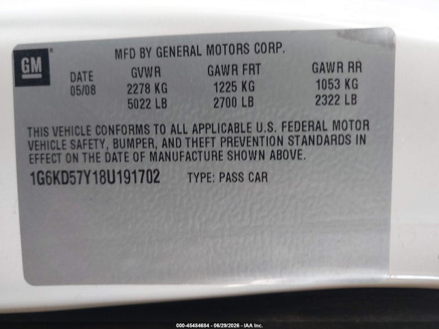 45484684 :رقم المزاد ، 1G6KD57Y18U191702 vin ، 2008 Cadillac Dts 1sc مزاد بيع