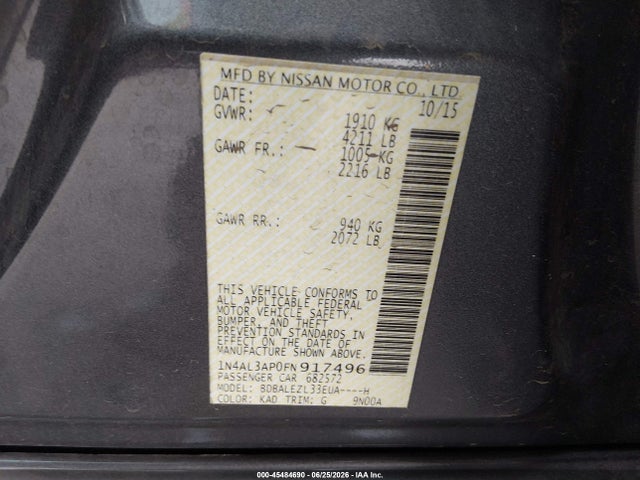 1N4AL3AP0FN917496 Nissan Altima 2.5 S