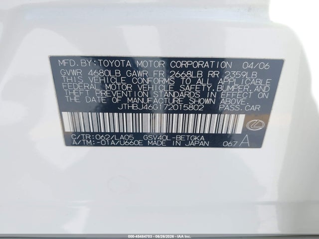 Aukcja sprzedaży 2007 Lexus Es 350, vin: JTHBJ46G172015802, numer aukcji: 45484703