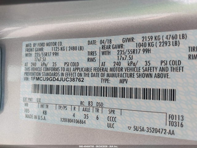 1FMCU9GD4JUC38762 Ford ESCAPE SE