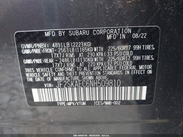 45484759 :رقم المزاد ، JF2SKAEC6NH509810 vin ، 2022 Subaru Forester Premium مزاد بيع