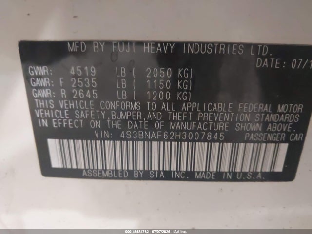 Продаж на аукціоні авто 2017 Subaru Legacy 2.5i Premium, vin: 4S3BNAF62H3007845, номер лоту: 45484762