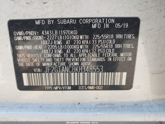 2019 Subaru Crosstrek 2.0i Limited მანქანა იყიდება აუქციონზე, vin: JF2GTANC8KH348553, აუქციონის ნომერი: 45484789