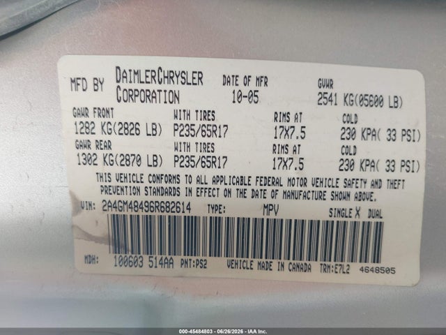 Aukcja sprzedaży 2006 Chrysler Pacifica, vin: 2A4GM48496R682614, numer aukcji: 45484803