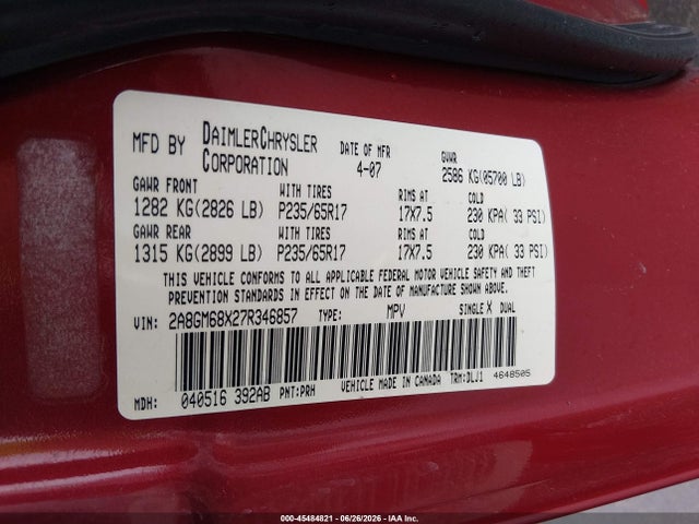 45484821 :رقم المزاد ، 2A8GM68X27R346857 vin ، 2007 Chrysler Pacifica Touring مزاد بيع
