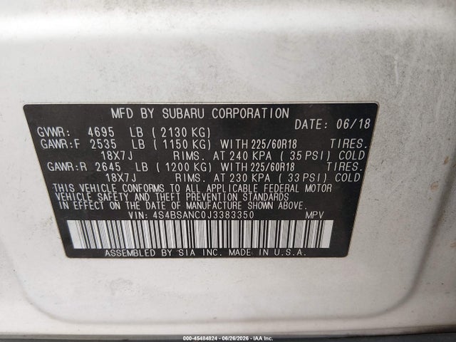 Продаж на аукціоні авто 2018 Subaru Outback 2.5i Limited, vin: 4S4BSANC0J3383350, номер лоту: 45484824