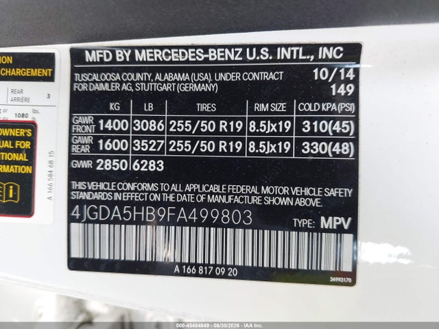 2015 Mercedes-benz Ml 350 4matic მანქანა იყიდება აუქციონზე, vin: 4JGDA5HB9FA499803, აუქციონის ნომერი: 45484849