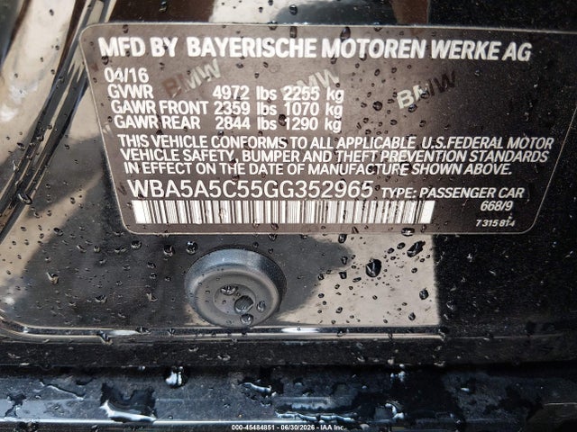 2016 Bmw 528i მანქანა იყიდება აუქციონზე, vin: WBA5A5C55GG352965, აუქციონის ნომერი: 45484851