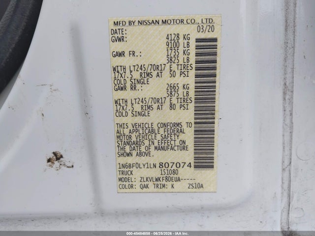 1N6BF0LY1LN807074 Nissan Nv Cargo Nv2500 Hd S High Roof V6