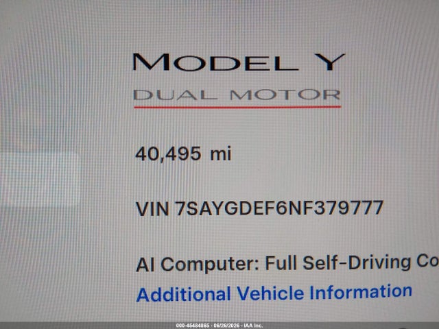 45484865 :رقم المزاد ، 7SAYGDEF6NF379777 vin ، 2022 Tesla Model Y Performance Dual Motor All-wheel Drive مزاد بيع