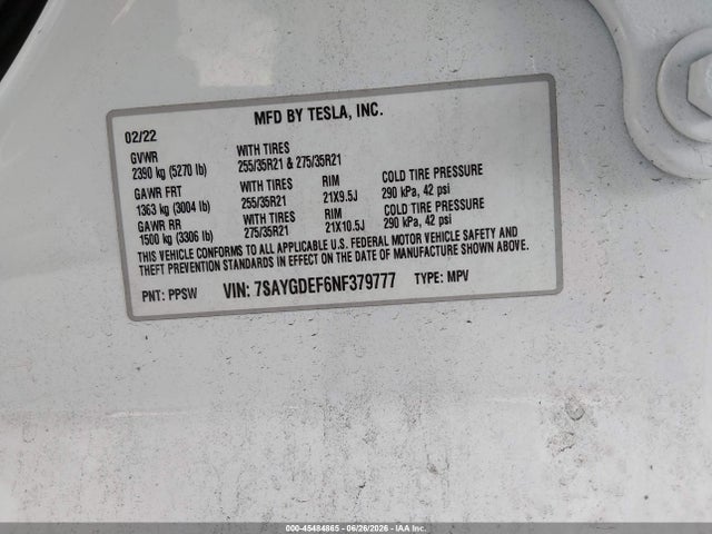 45484865 :رقم المزاد ، 7SAYGDEF6NF379777 vin ، 2022 Tesla Model Y Performance Dual Motor All-wheel Drive مزاد بيع